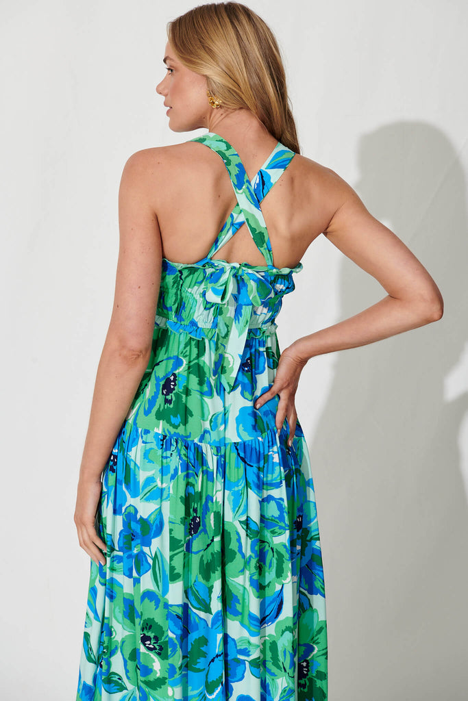 Luisa Maxi Sundress In Blue With Green Floral - detail