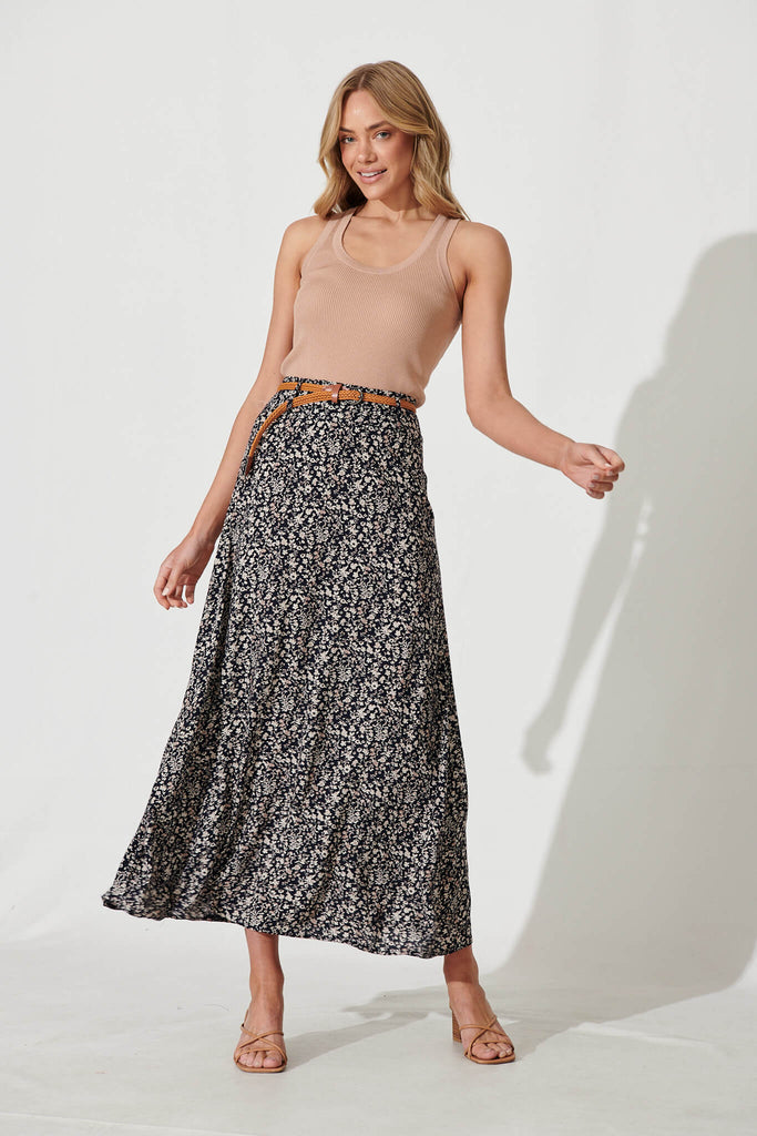 Josephine Maxi Skirt With Belt In Navy With Ditsy Floral - full length