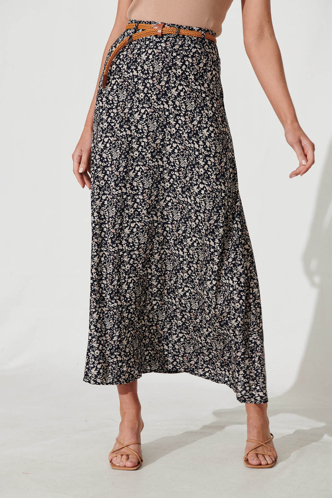 Josephine Maxi Skirt With Belt In Navy With Ditsy Floral - front