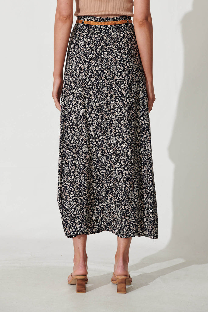 Josephine Maxi Skirt With Belt In Navy With Ditsy Floral - back