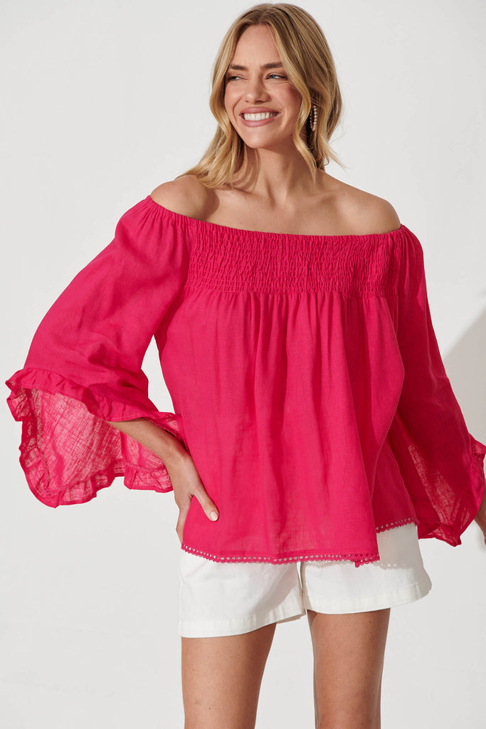 Alluring Top In Hot Pink Linen Blend - front