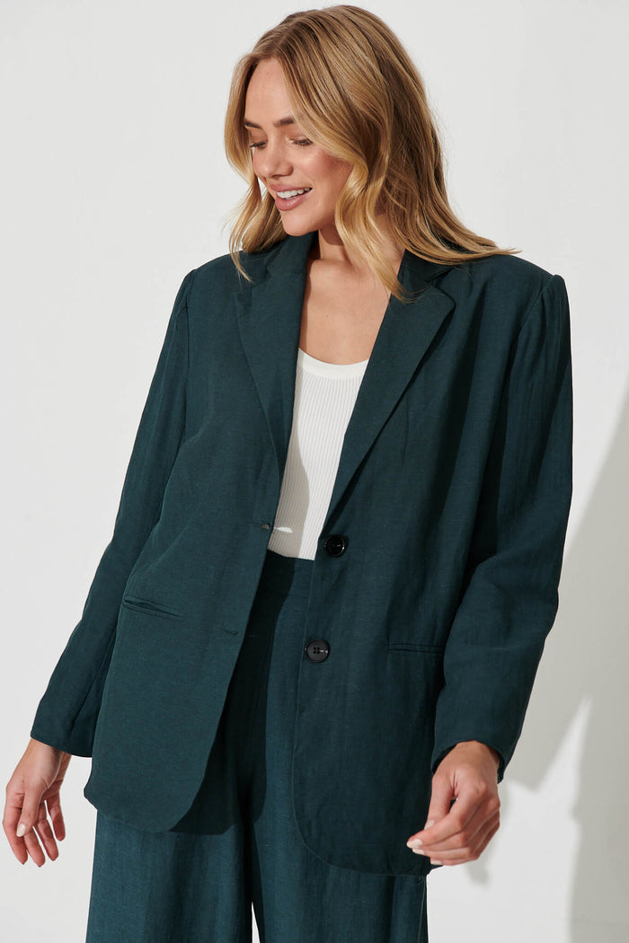 Pevita Blazer In Emerald Cotton Linen - front