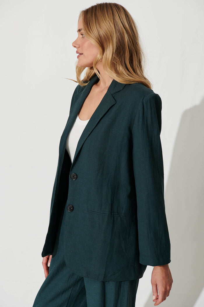 Pevita Blazer In Emerald Cotton Linen - side