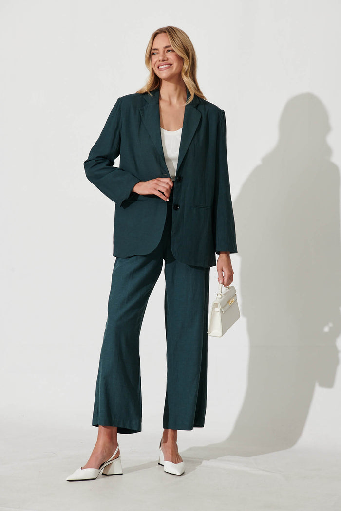 Highland Pant In Green Linen Blend - full length