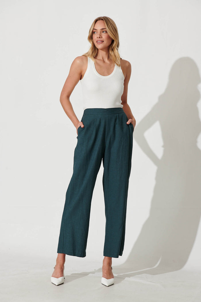 Highland Pant In Green Linen Blend - full length