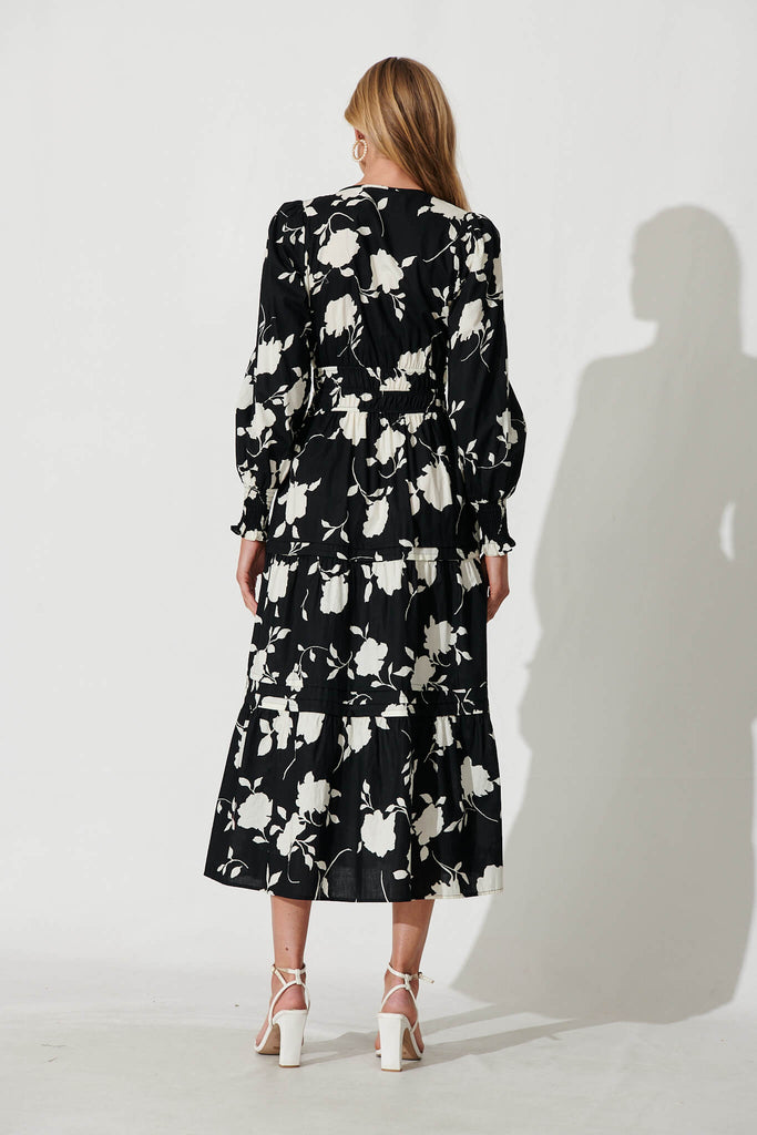 Delphine Midi Dress In Black With Cream Floral Cotton - back