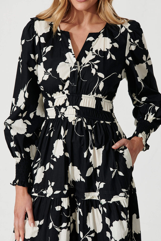 Delphine Midi Dress In Black With Cream Floral Cotton - detail