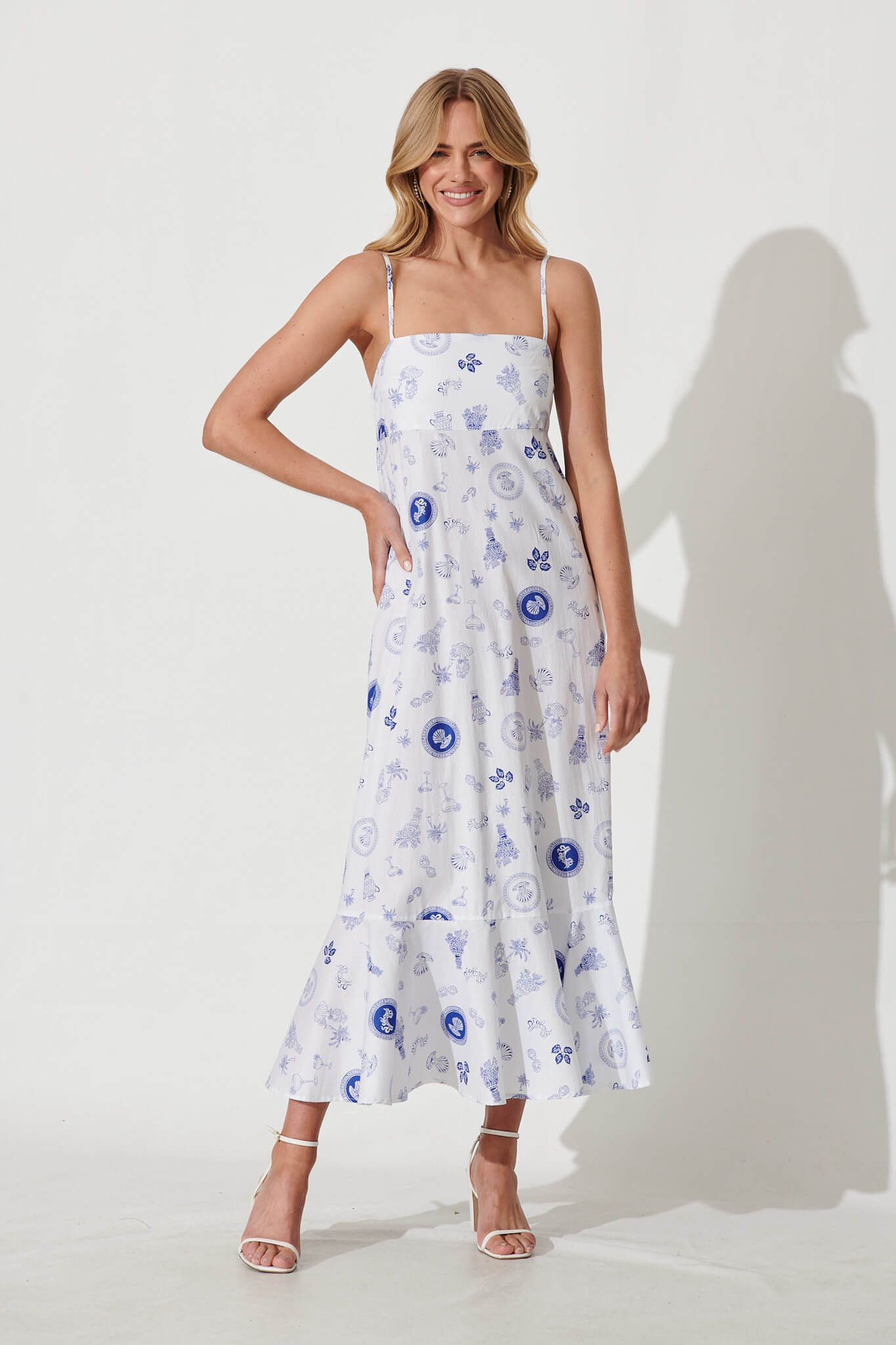 Kalila Maxi Sundress In White With Blue Print Cotton - full length