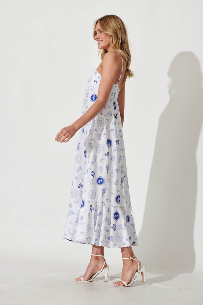 Kalila Maxi Sundress In White With Blue Print Cotton - side