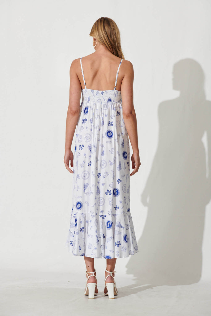 Kalila Maxi Sundress In White With Blue Print Cotton - back