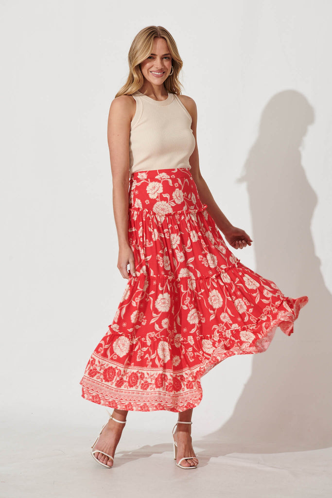 Imelda Maxi Skirt In Red With Cream Floral - full length