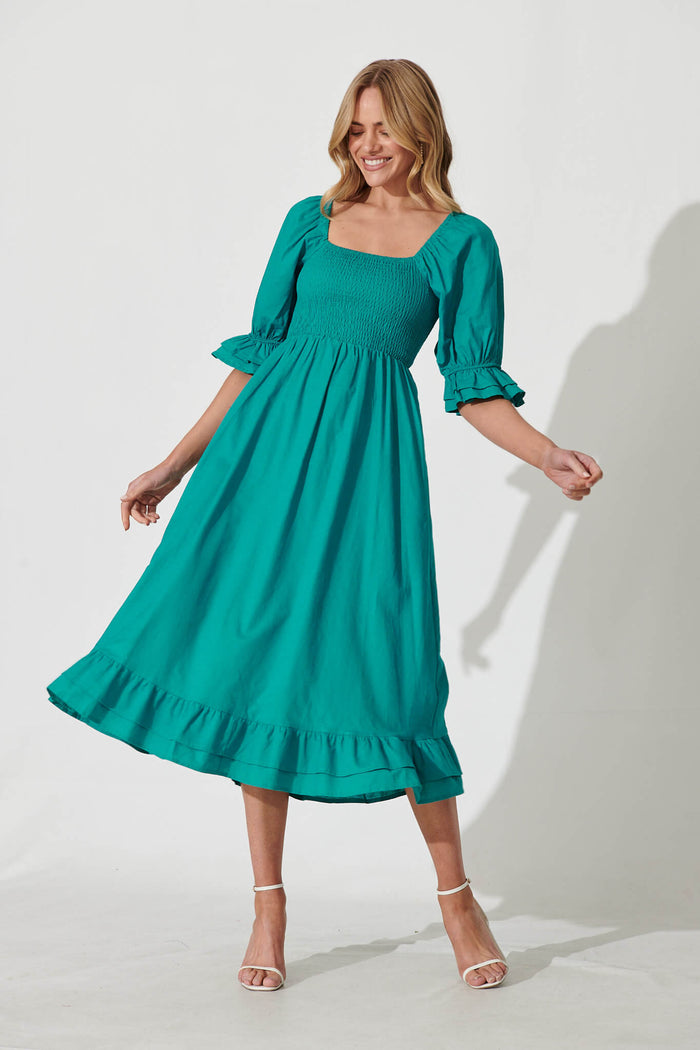 Ever Midi Dress In Teal Cotton Linen - full length