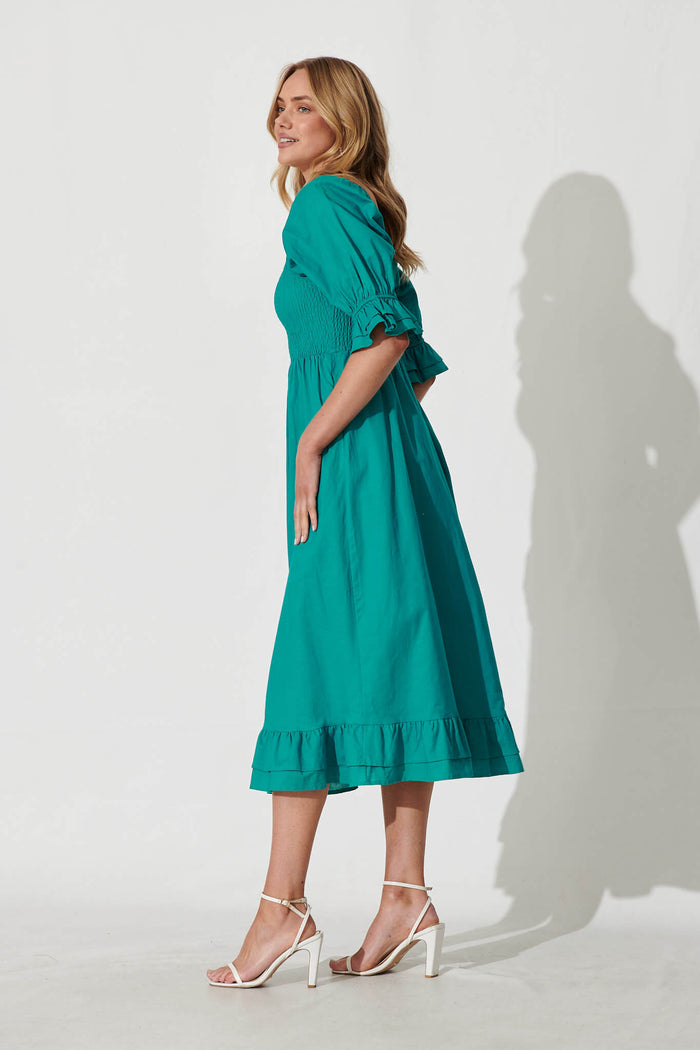 Ever Midi Dress In Teal Cotton Linen - side