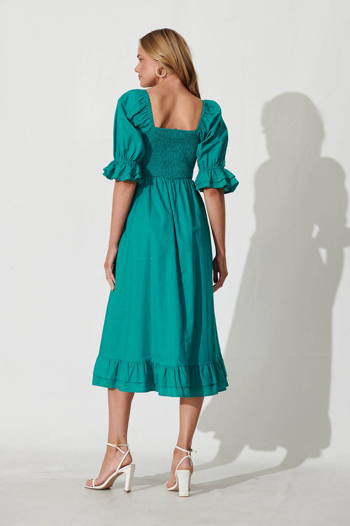 Ever Midi Dress In Teal Cotton Linen - back