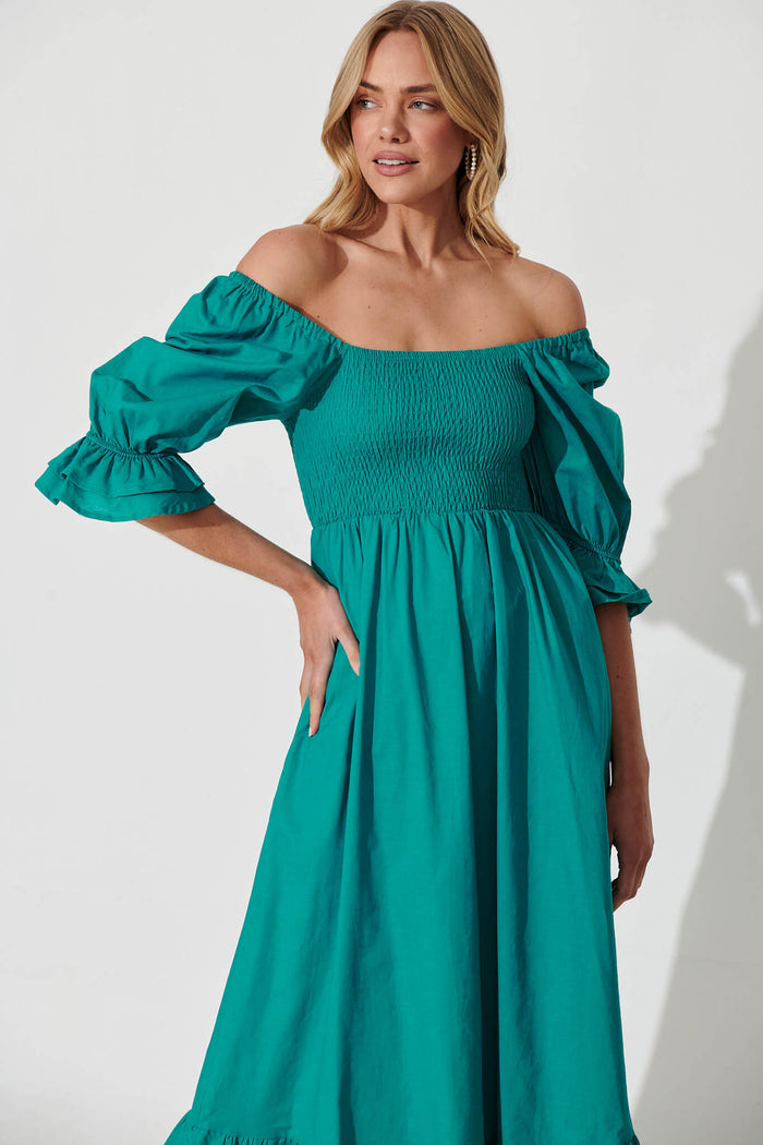 Ever Midi Dress In Teal Cotton Linen - front
