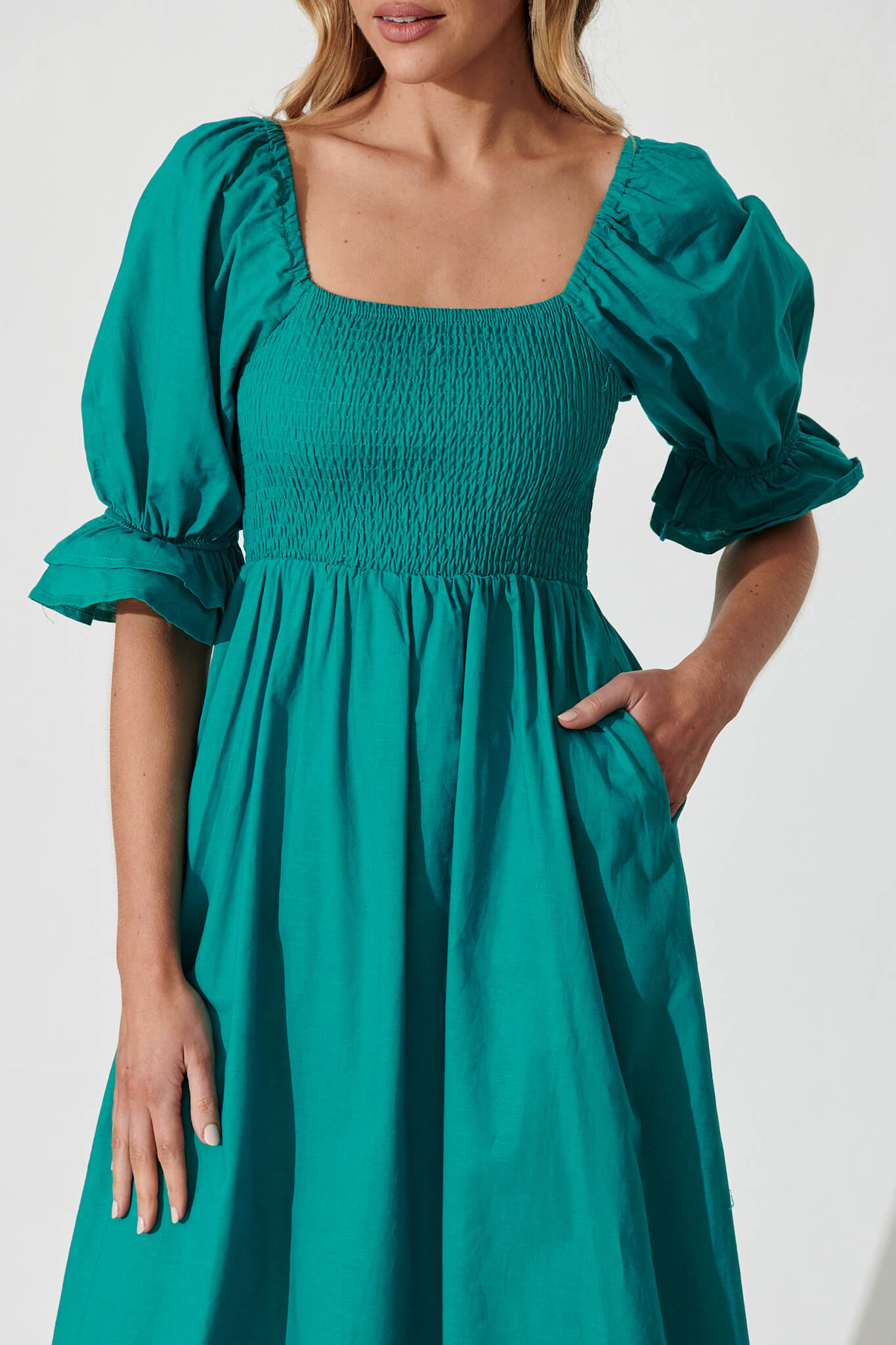 Ever Midi Dress In Teal Cotton Linen – St Frock