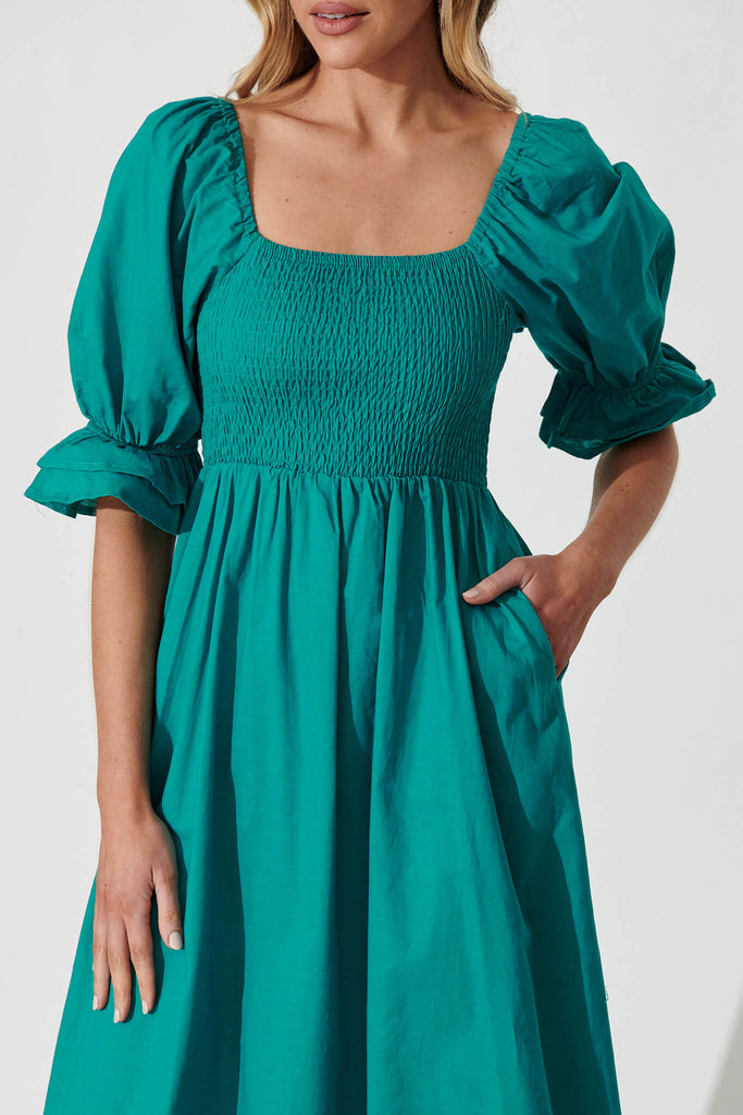 Ever Midi Dress In Teal Cotton Linen - detail