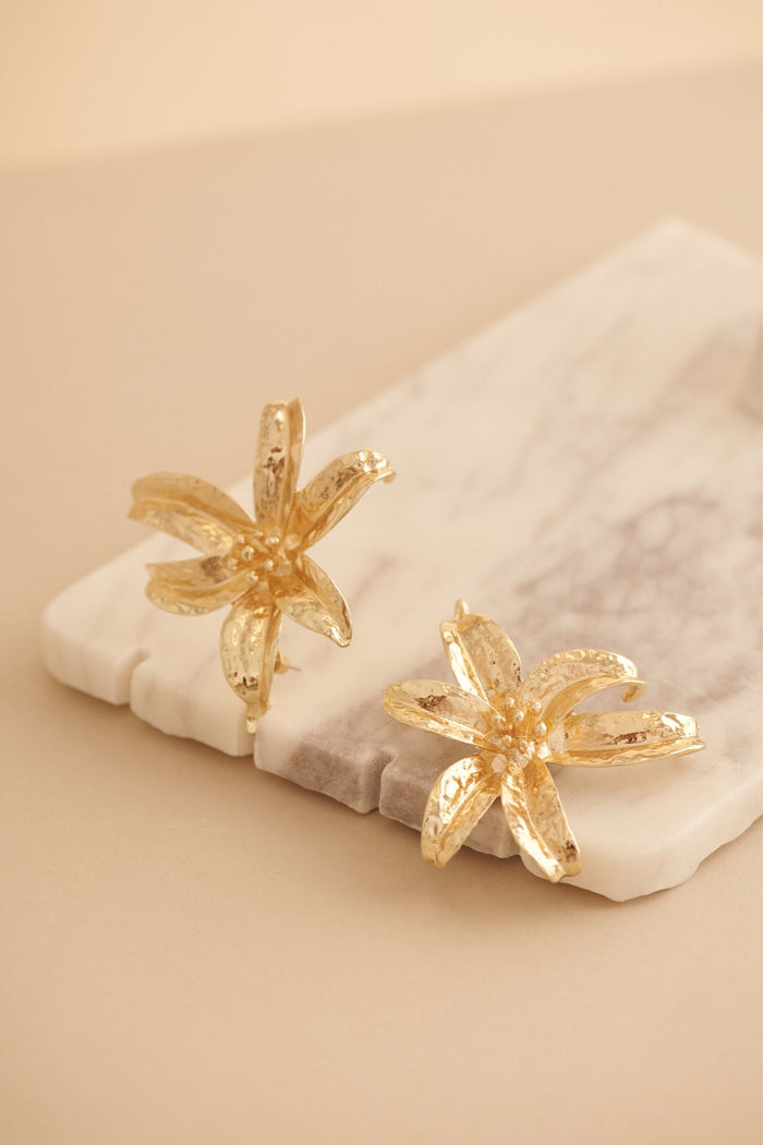 Lianne Lily Stud Earrings in Gold focus shoot flatlay