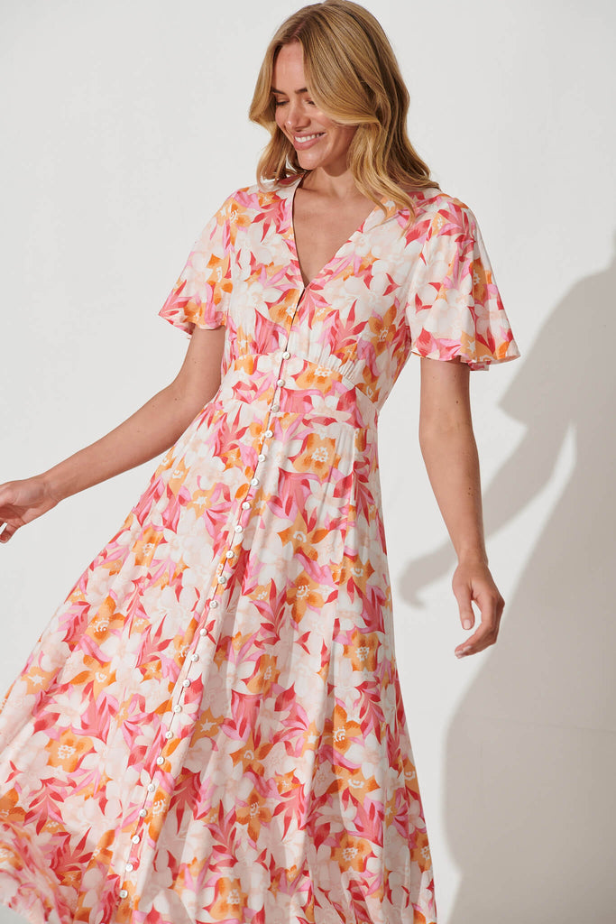 Paulette Maxi Dress In Pink And Orange Floral - front