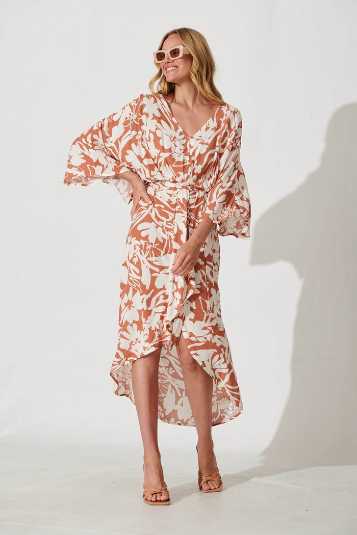 Francis Maxi Dress In Brown With Cream Floral Print - full length