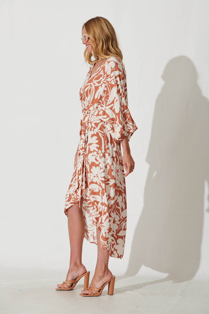 Francis Maxi Dress In Brown With Cream Floral Print - side
