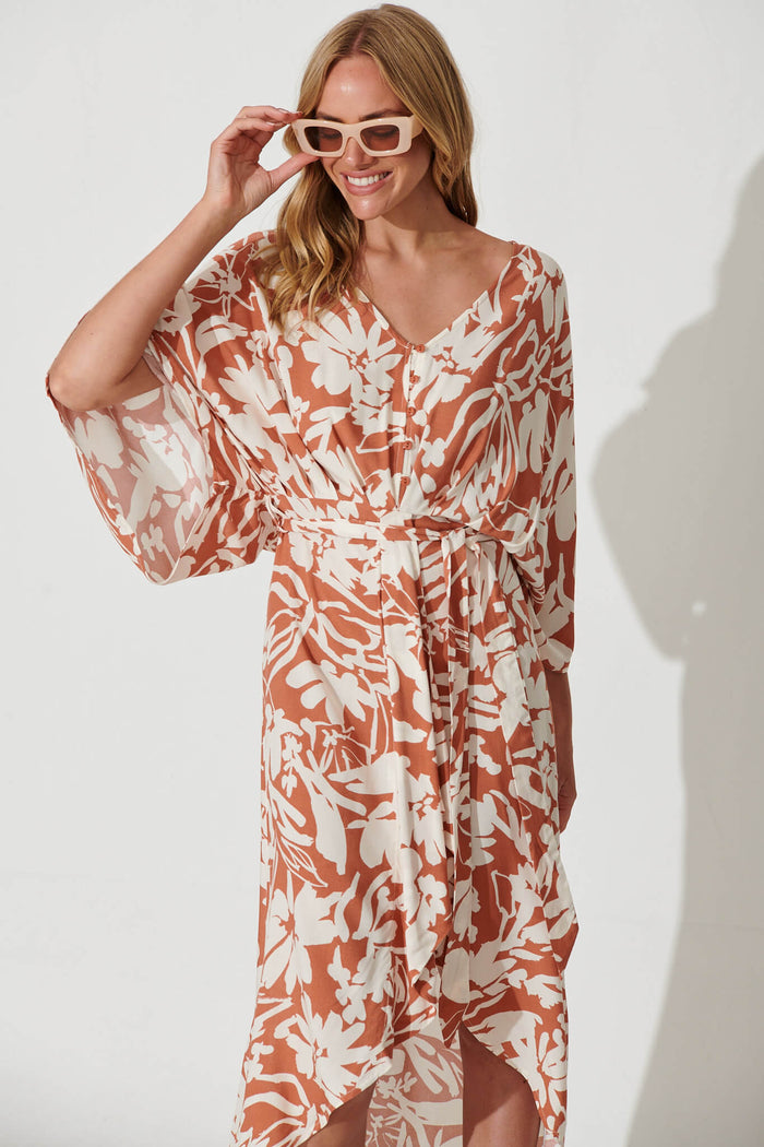 Francis Maxi Dress In Brown With Cream Floral Print - front