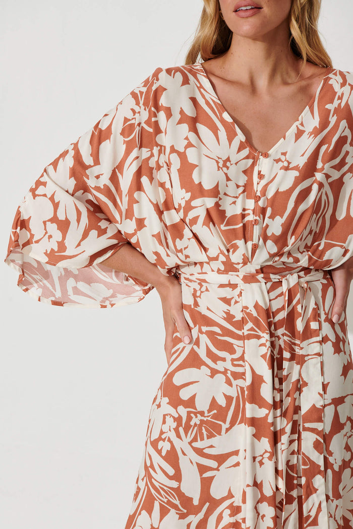 Francis Maxi Dress In Brown With Cream Floral Print - detail
