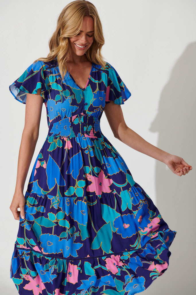 Sheila Maxi Dress In Blue Flower Print - front
