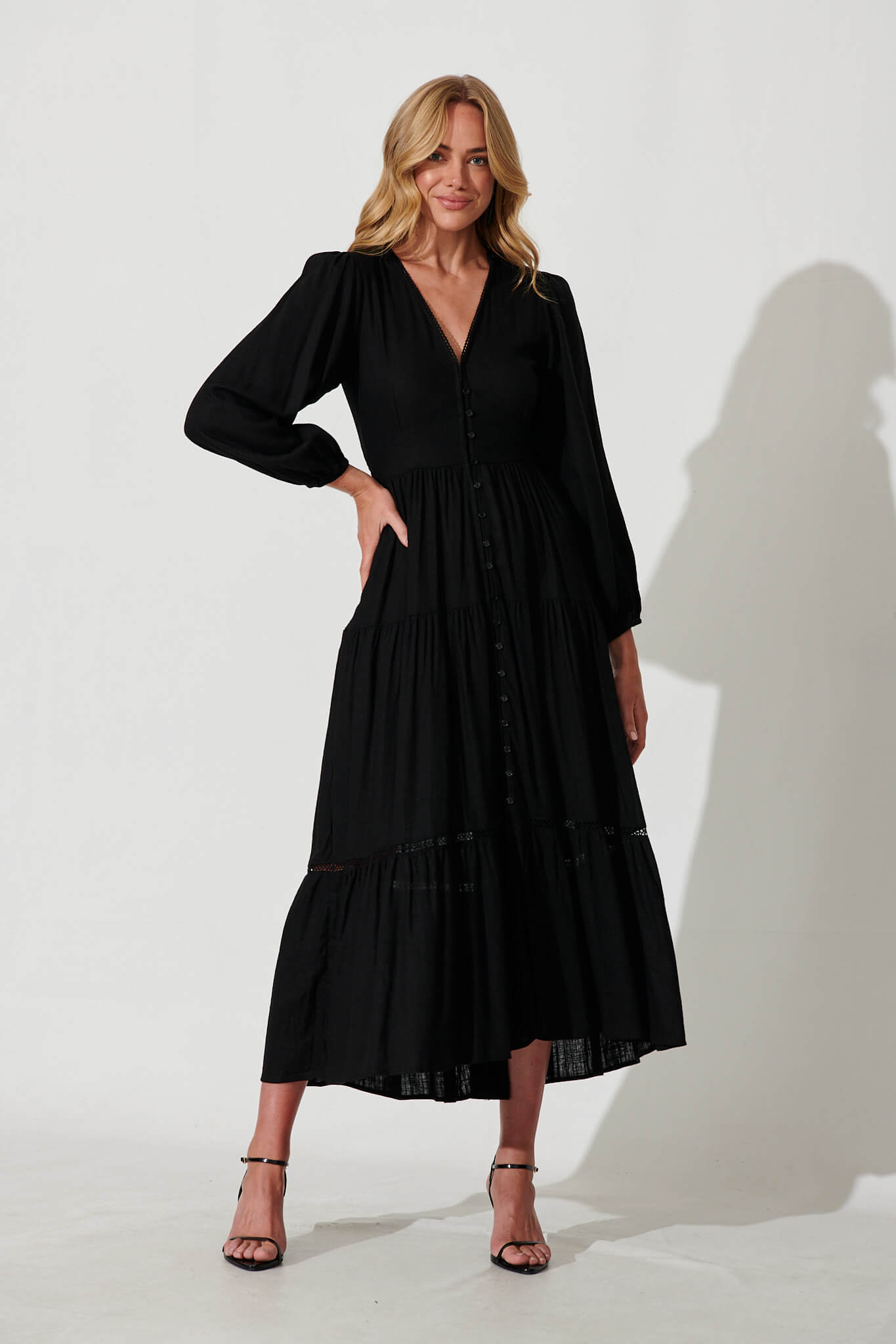 Galaxy Maxi Dress In Black Linen Blend - full length