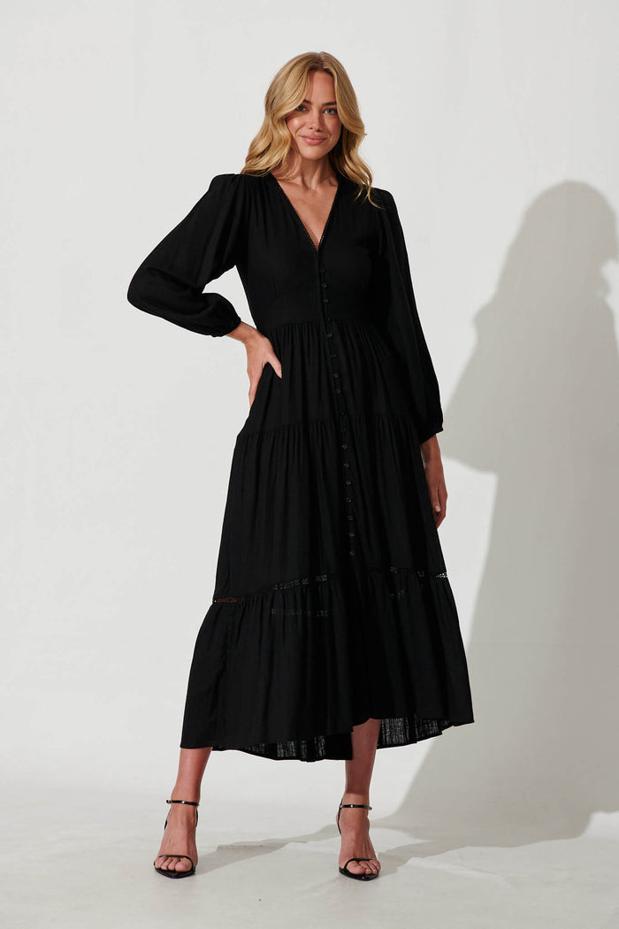 Galaxy Maxi Dress In Black Linen Blend - full length