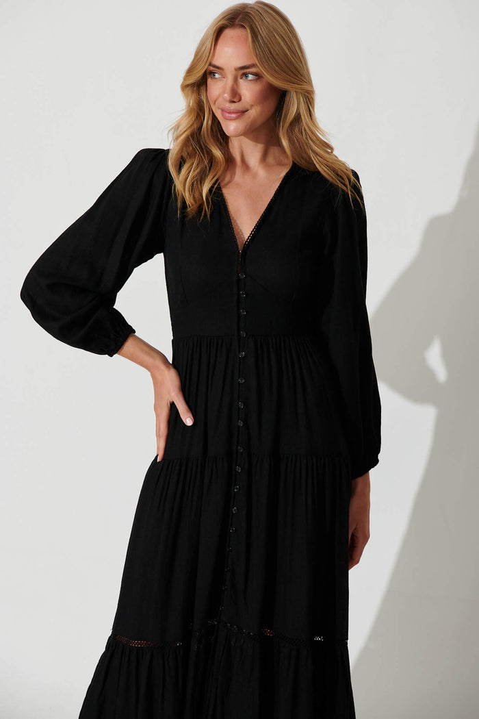 Galaxy Maxi Dress In Black Linen Blend - front