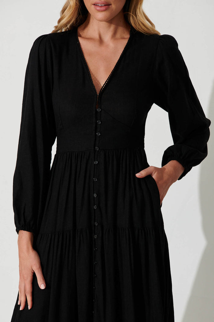 Galaxy Maxi Dress In Black Linen Blend - detail