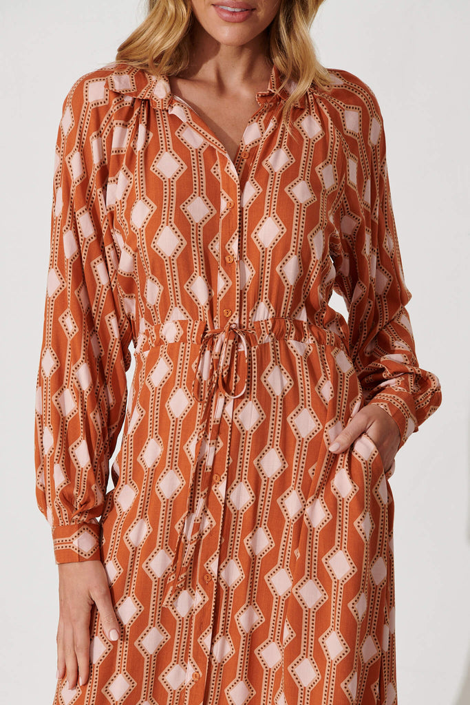 Neroli Midi Shirt Dress In Rust Geo Print - detail