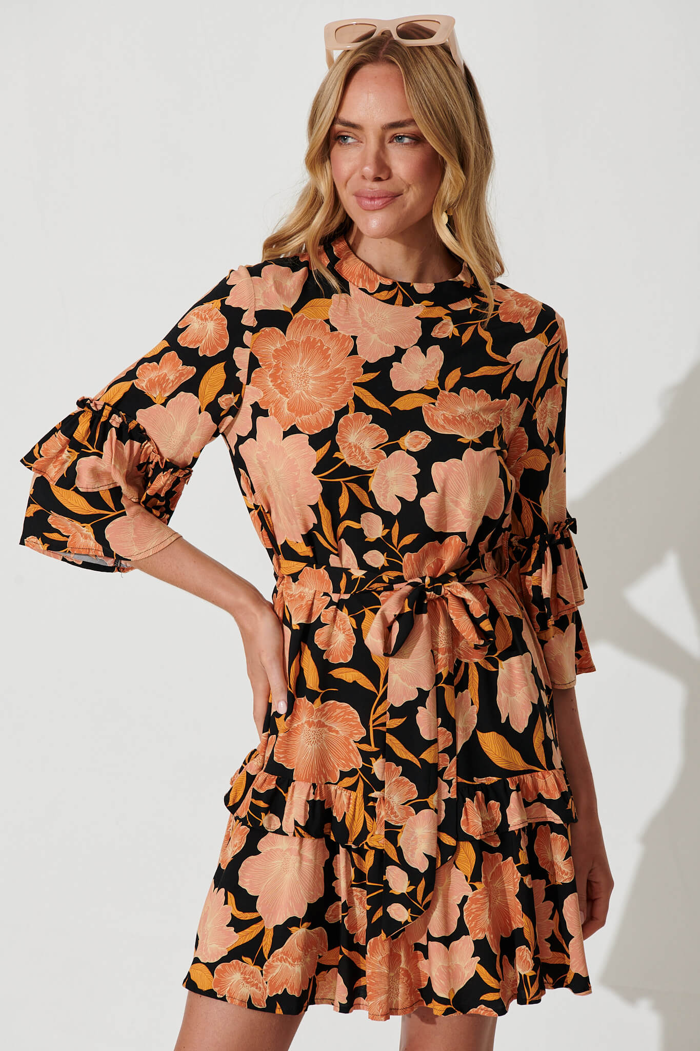 Cecile Dress In Black With Rust Floral - front