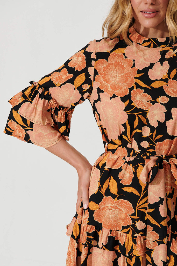 Cecile Dress In Black With Rust Floral - detail