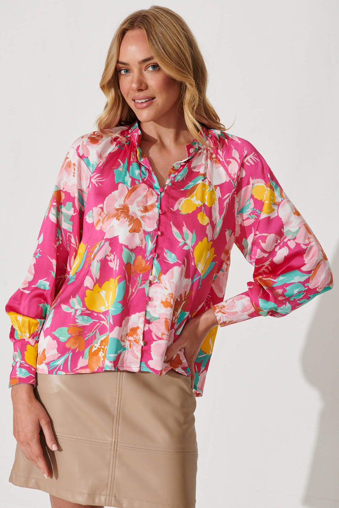Percy Shirt In Hot Pink Multi Floral Satin - front