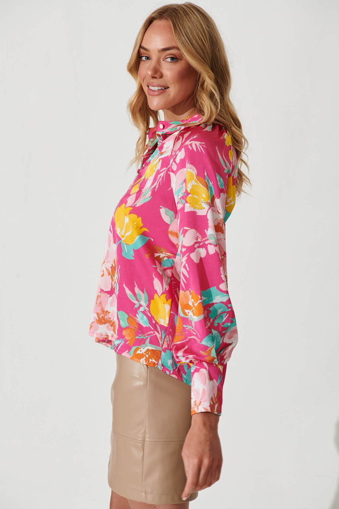 Percy Shirt In Hot Pink Multi Floral Satin - side