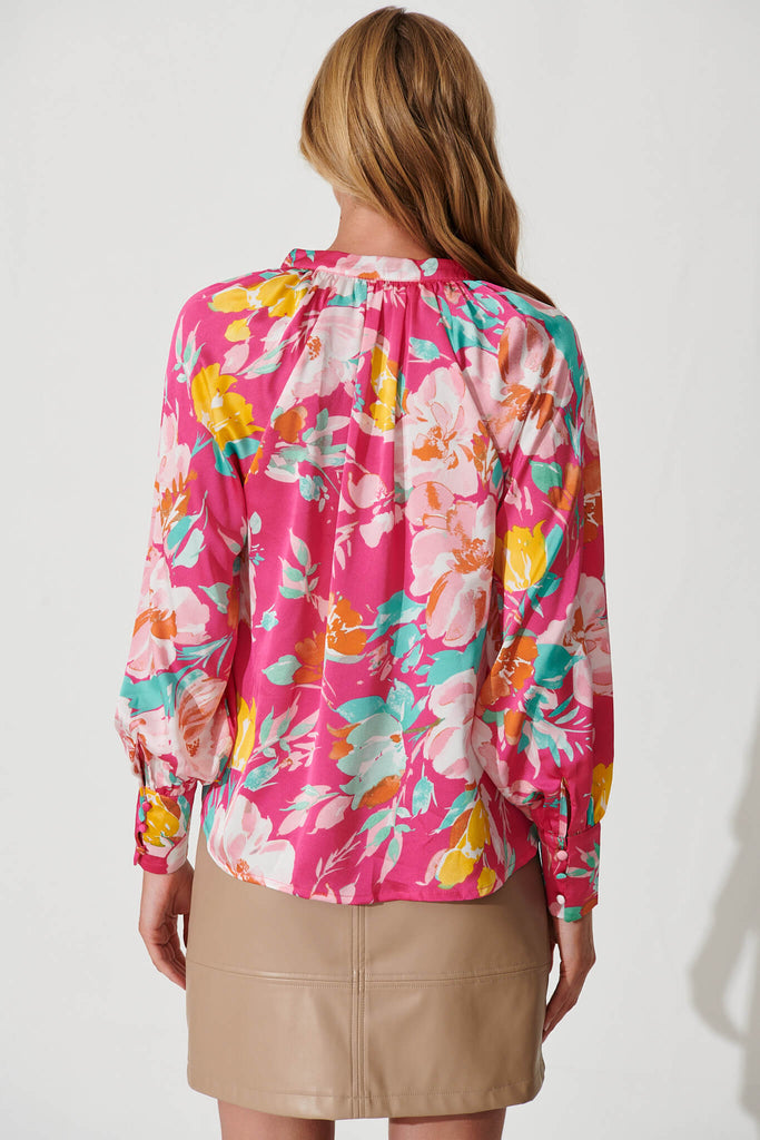 Percy Shirt In Hot Pink Multi Floral Satin - back