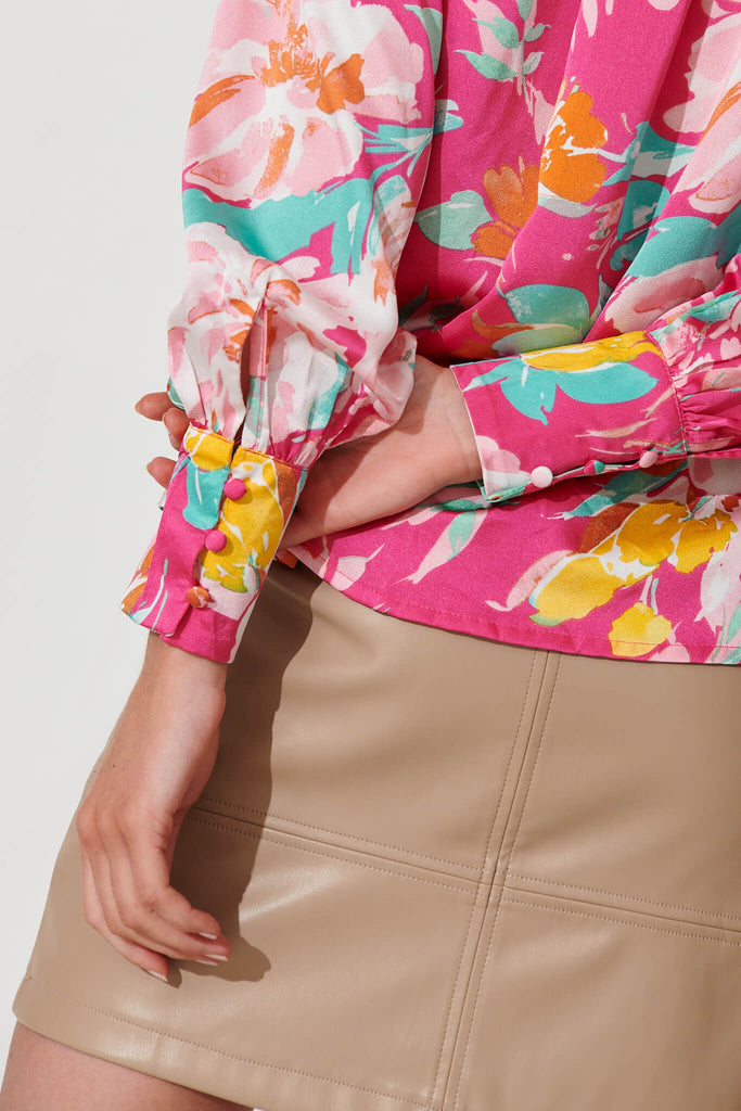 Percy Shirt In Hot Pink Multi Floral Satin - detail
