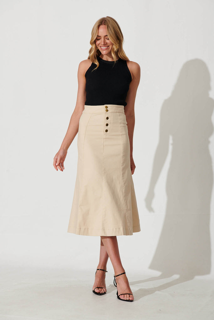 Eclaire Midi Denim Skirt In Sand -  full length