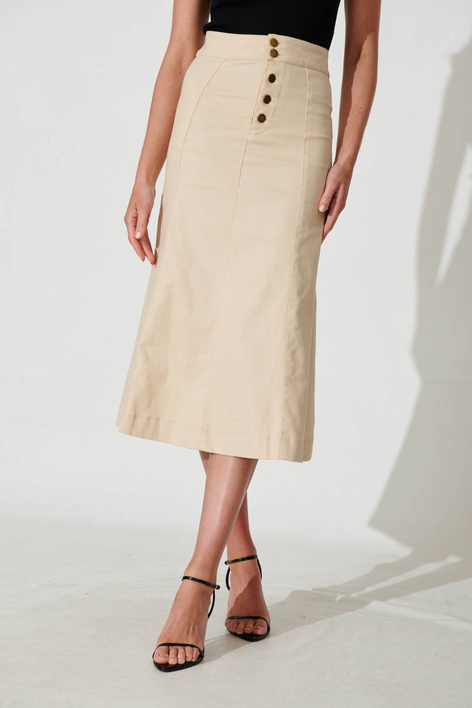 Eclaire Midi Denim Skirt In Sand - front