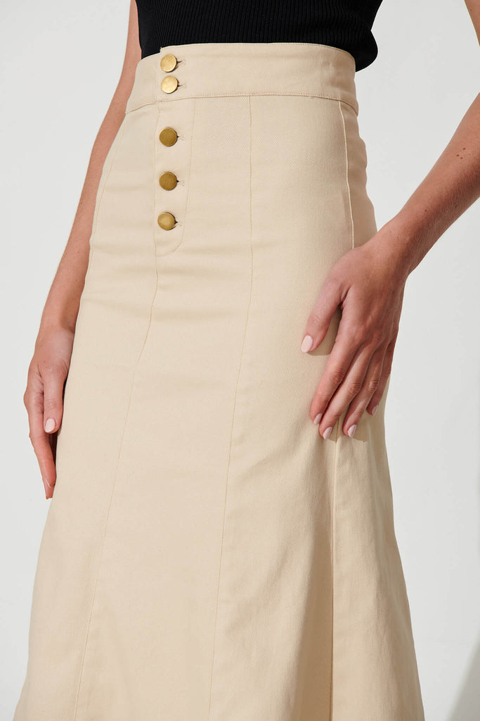 Eclaire Midi Denim Skirt In Sand - detail