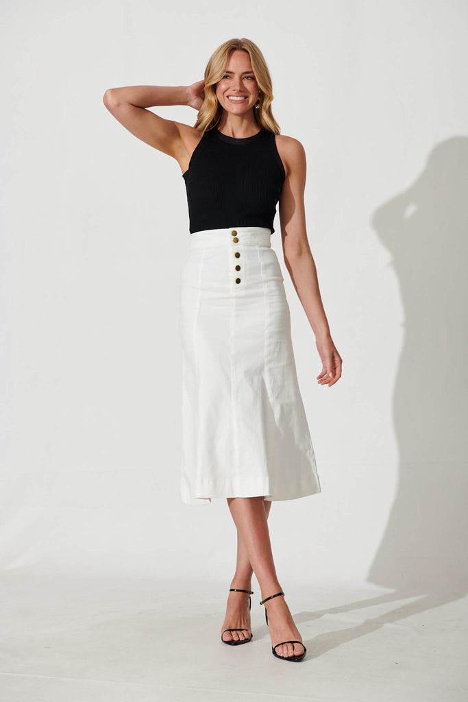 Eclaire Midi Denim Skirt In White - full length
