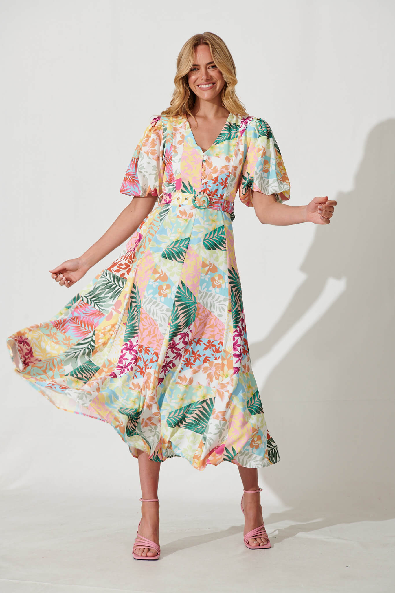 Felice Maxi Dress In Bright Leaf Patchwork Print – St Frock