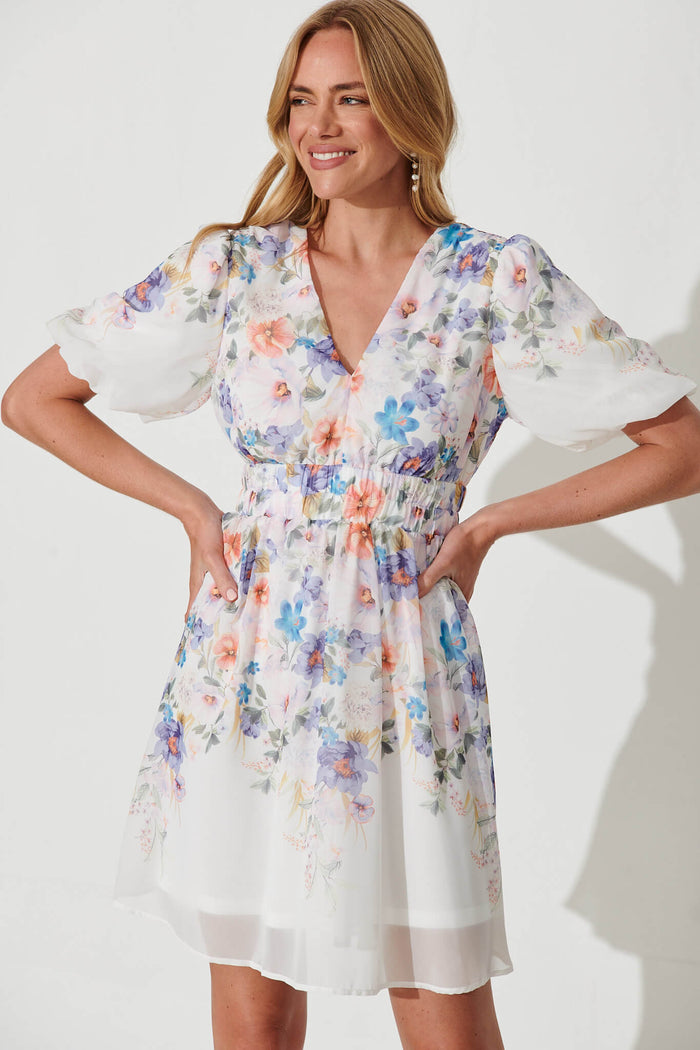Barbara Dress In White With Lilac Floral Placement Print Chiffon - front