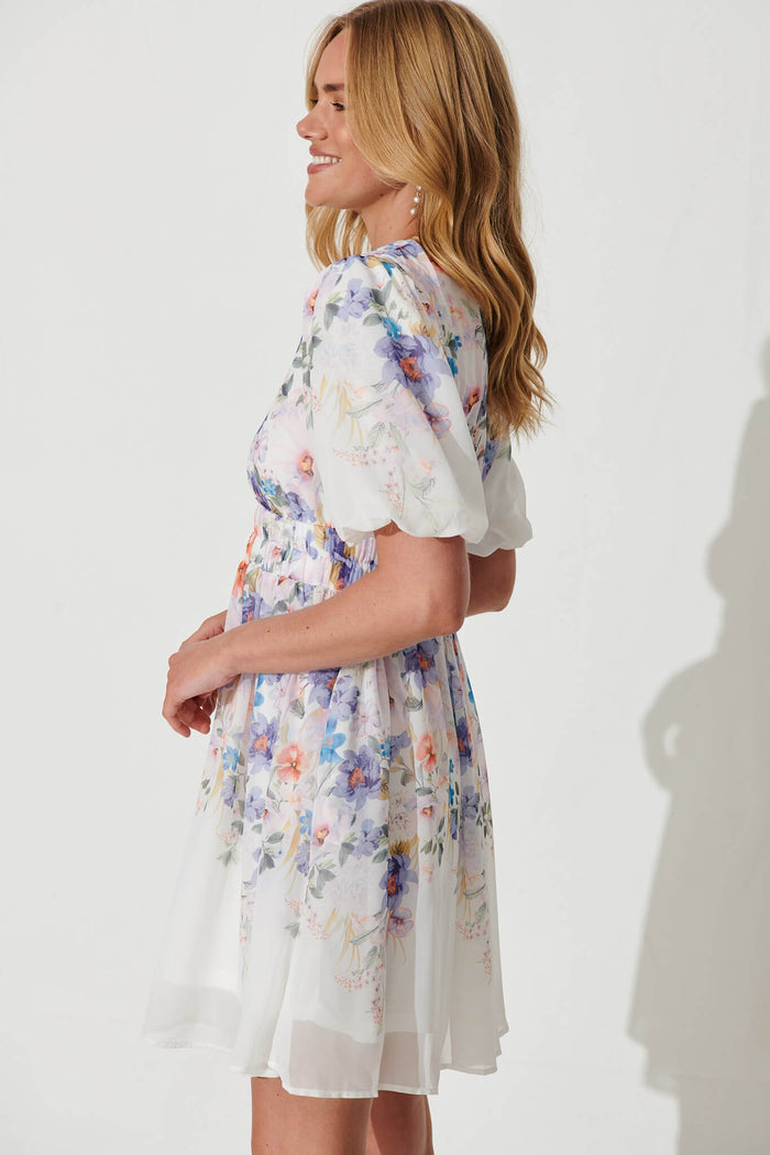 Barbara Dress In White With Lilac Floral Placement Print Chiffon - side