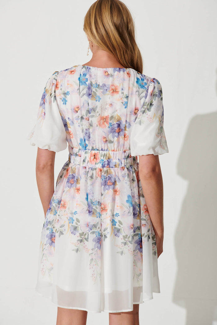 Barbara Dress In White With Lilac Floral Placement Print Chiffon - back