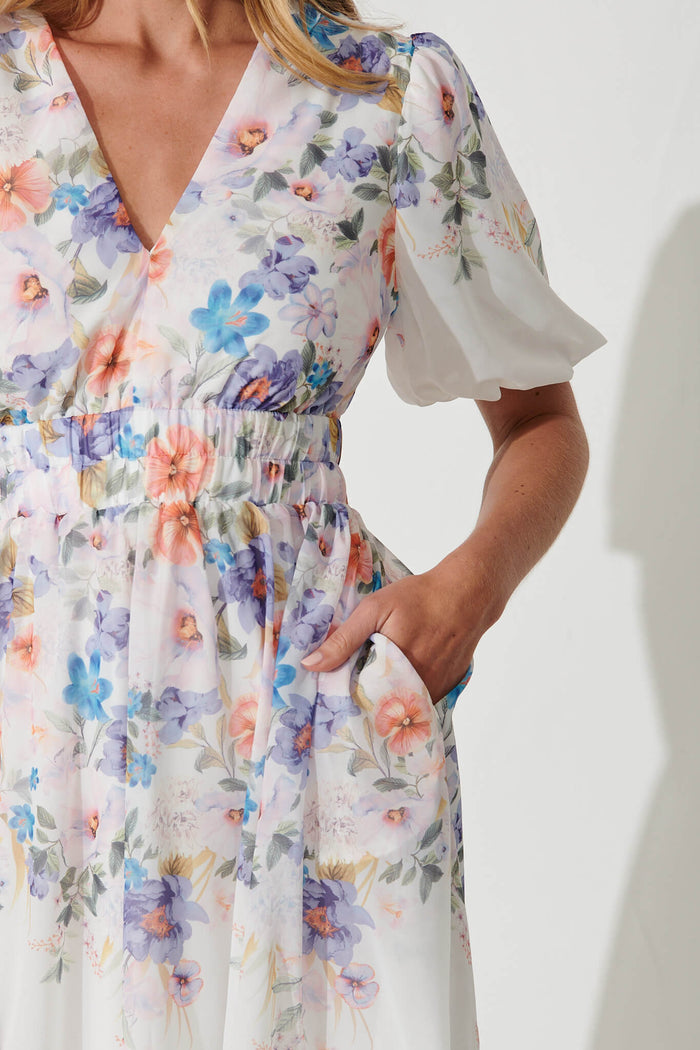 Barbara Dress In White With Lilac Floral Placement Print Chiffon - detail