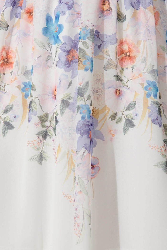 Barbara Dress In White With Lilac Floral Placement Print Chiffon - fabric