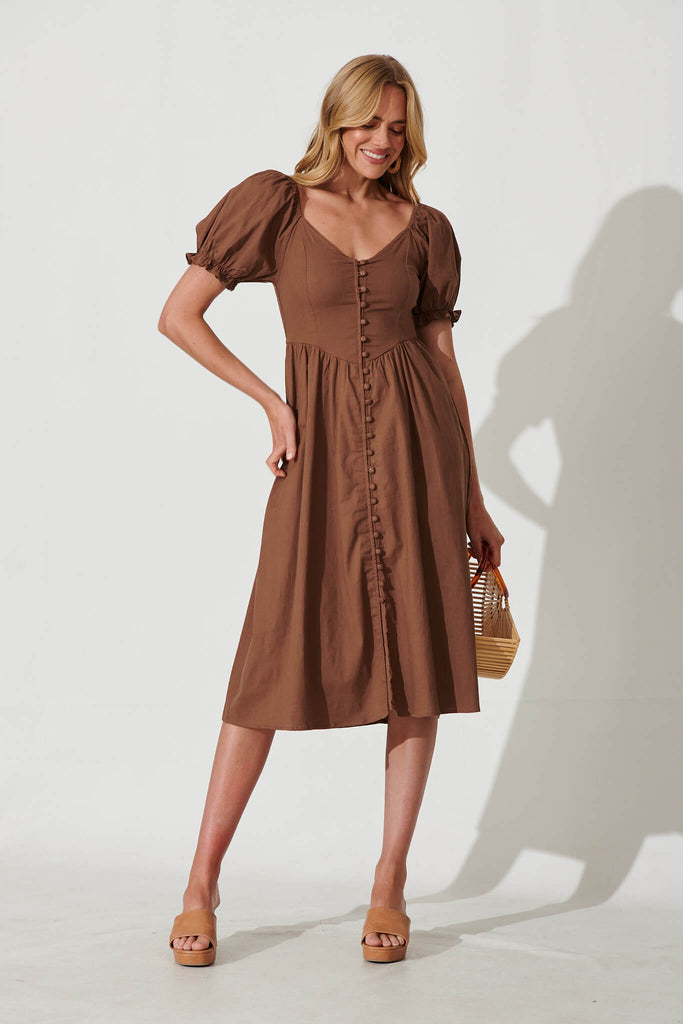 Carter Midi Dress In Chocolate Linen Cotton Blend - full length